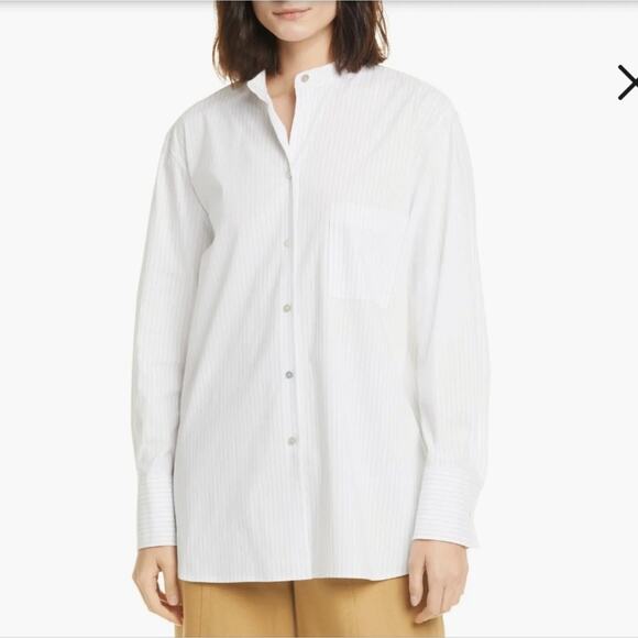 Vince Classic Stripe Band Collar Shirt in White/Black size XL - Picture 3 of 7